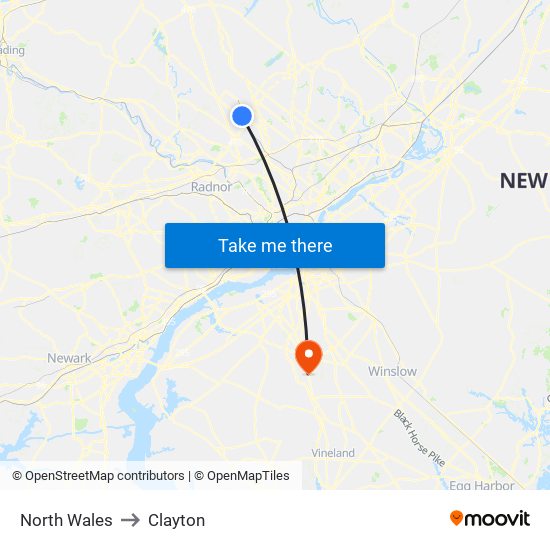 North Wales to Clayton map