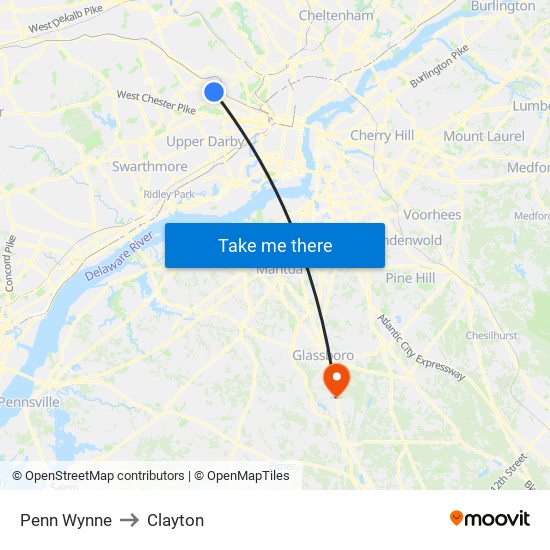 Penn Wynne to Clayton map