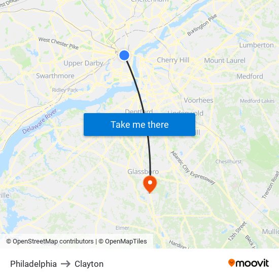 Philadelphia to Clayton map