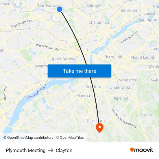 Plymouth Meeting to Clayton map