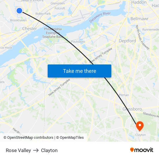 Rose Valley to Clayton map