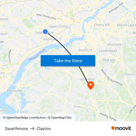 Swarthmore to Clayton map