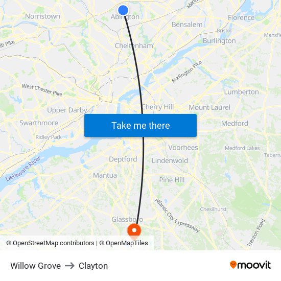 Willow Grove to Clayton map