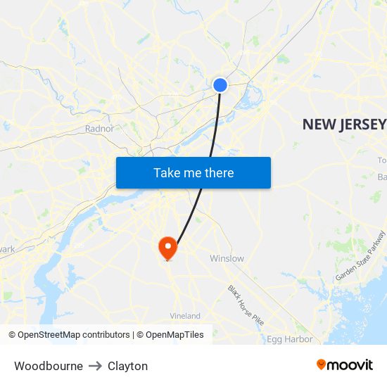 Woodbourne to Clayton map