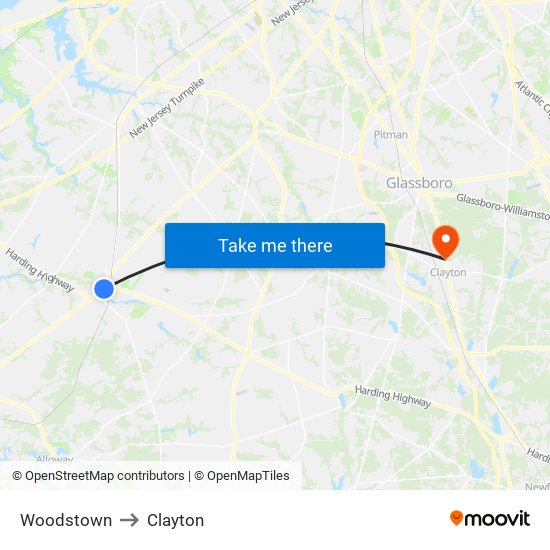 Woodstown to Clayton map