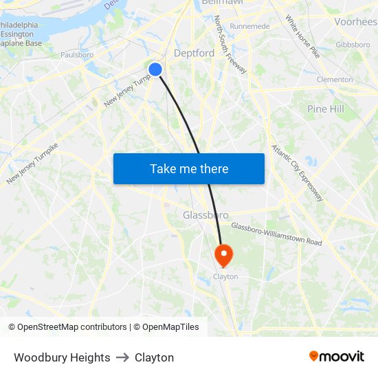 Woodbury Heights to Clayton map