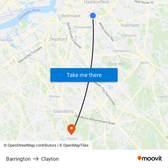 Barrington to Clayton map