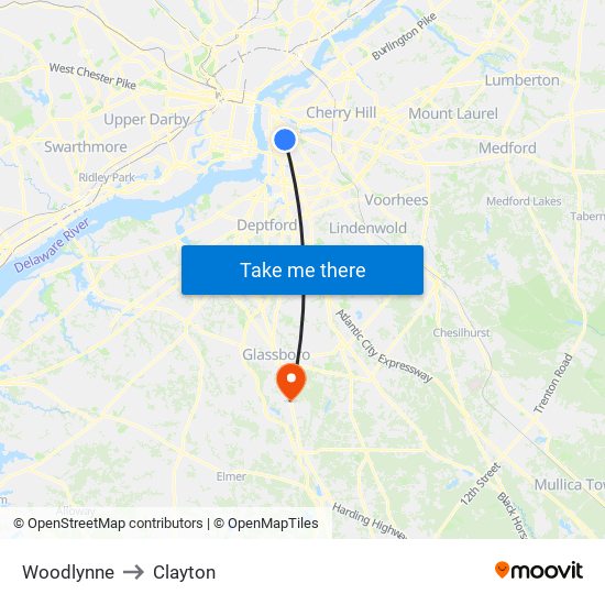 Woodlynne to Clayton map