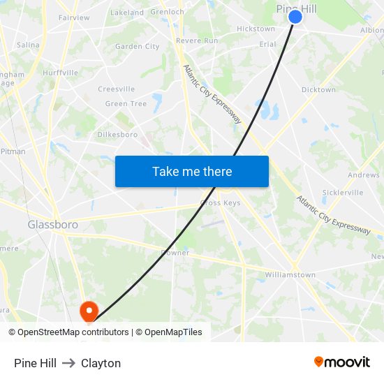 Pine Hill to Clayton map