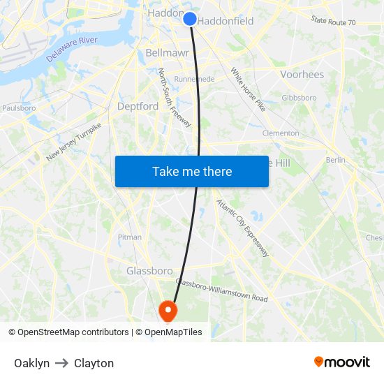 Oaklyn to Clayton map