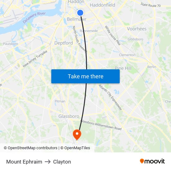 Mount Ephraim to Clayton map