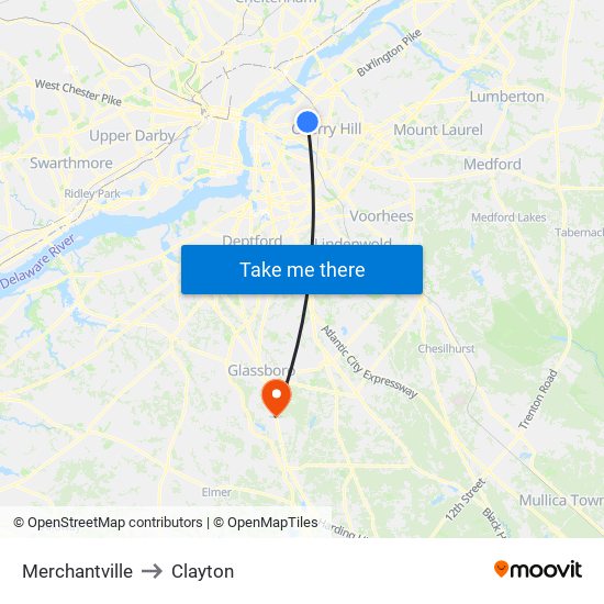 Merchantville to Clayton map