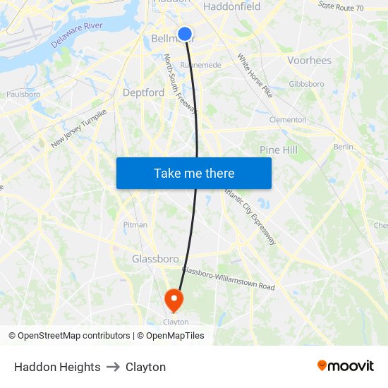 Haddon Heights to Clayton map