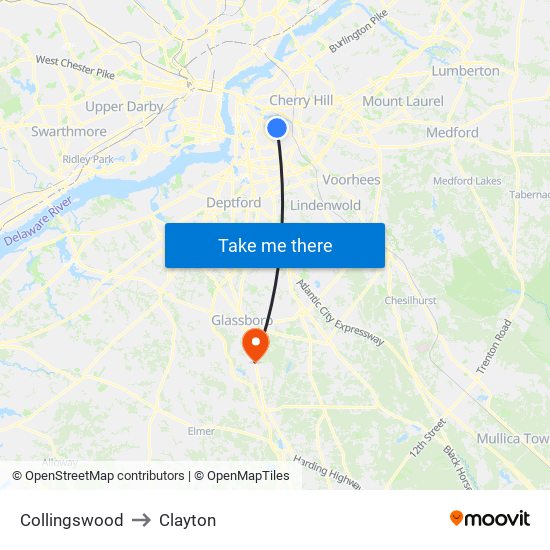 Collingswood to Clayton map