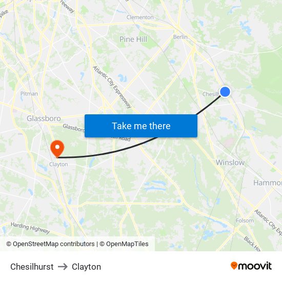 Chesilhurst to Clayton map