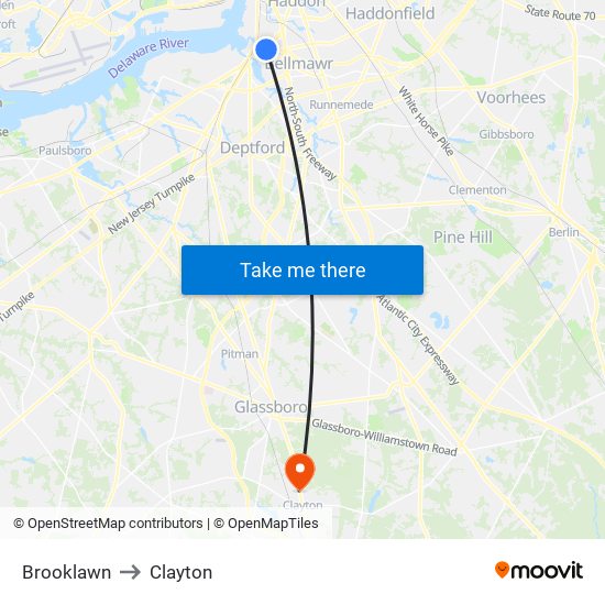 Brooklawn to Clayton map