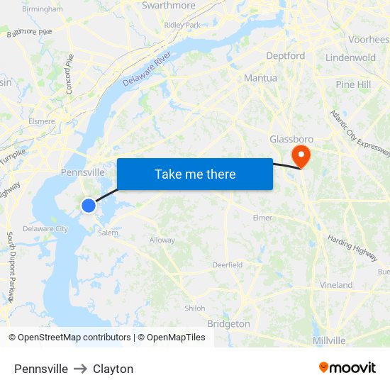 Pennsville to Clayton map