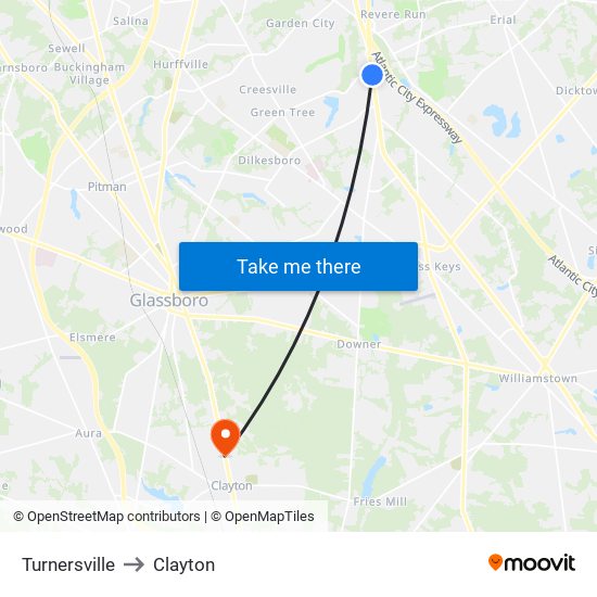 Turnersville to Clayton map