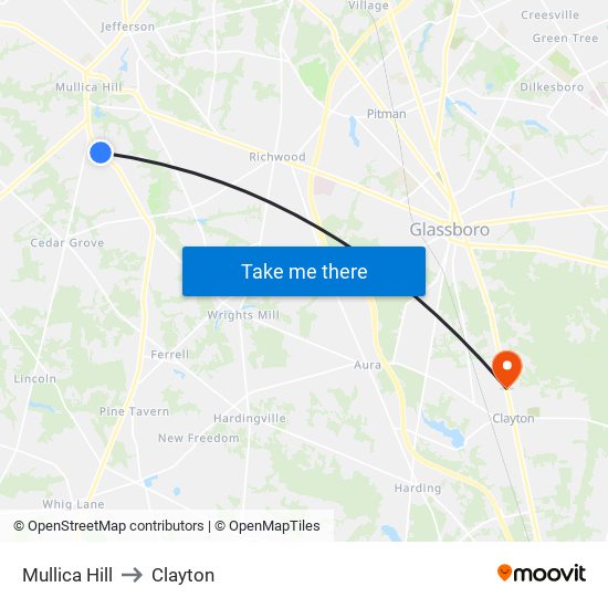 Mullica Hill to Clayton map