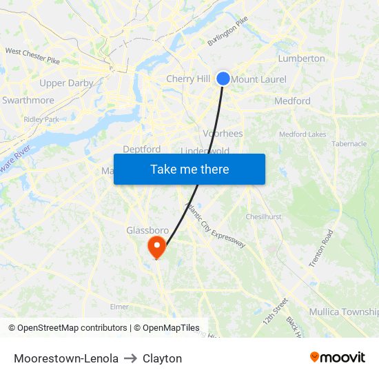 Moorestown-Lenola to Clayton map