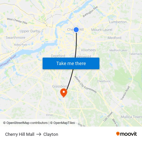 Cherry Hill Mall to Clayton map