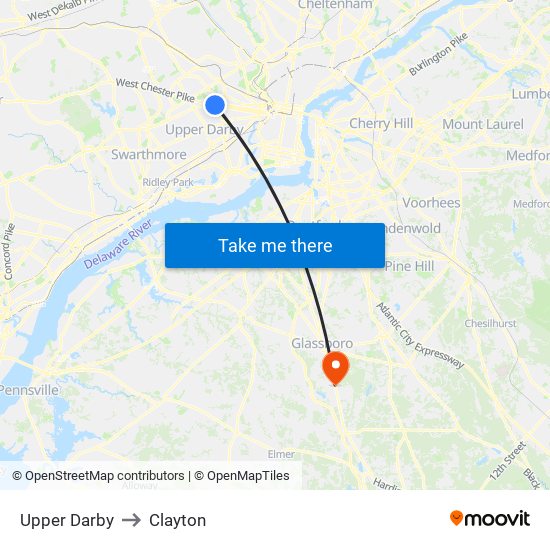 Upper Darby to Clayton map