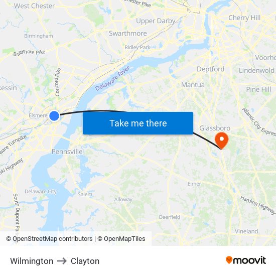 Wilmington to Clayton map