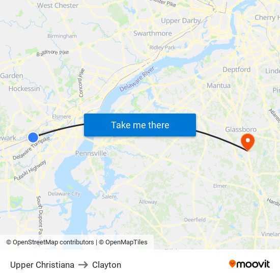 Upper Christiana to Clayton map