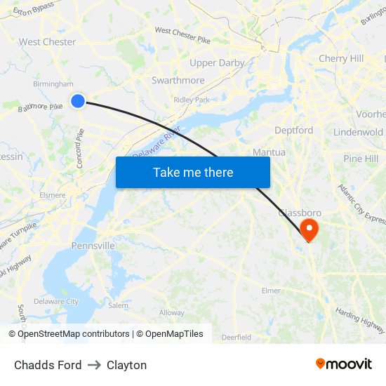 Chadds Ford to Clayton map