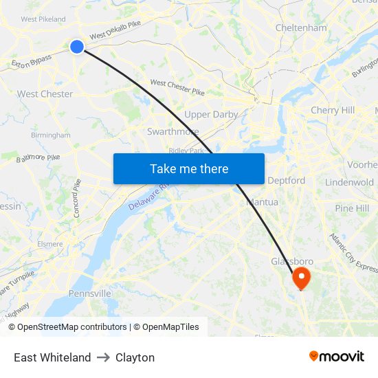 East Whiteland to Clayton map