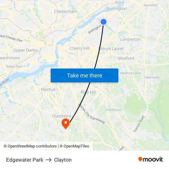Edgewater Park to Clayton map
