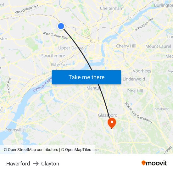 Haverford to Clayton map