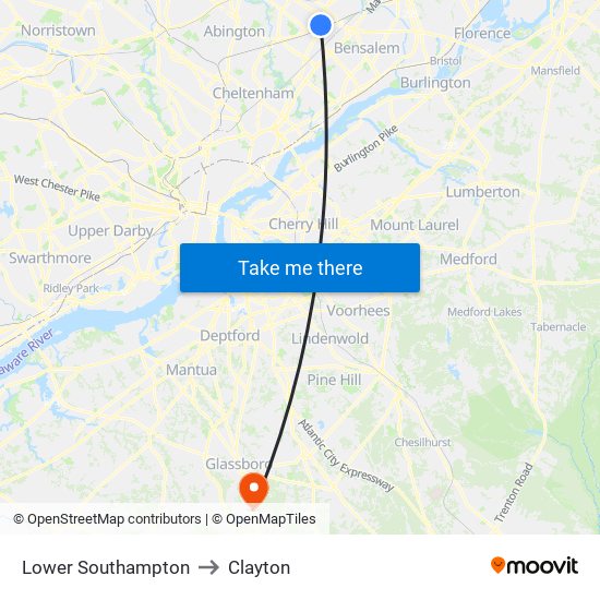 Lower Southampton to Clayton map