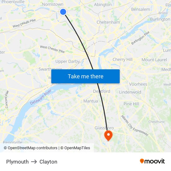 Plymouth to Clayton map