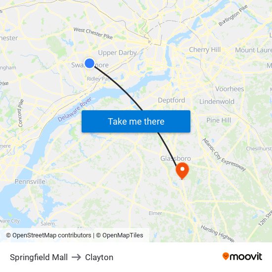 Springfield Mall to Clayton map