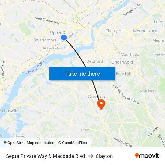 Septa Private Way & Macdade Blvd to Clayton map