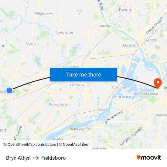 Bryn Athyn to Fieldsboro map
