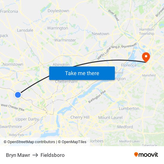 Bryn Mawr to Fieldsboro map