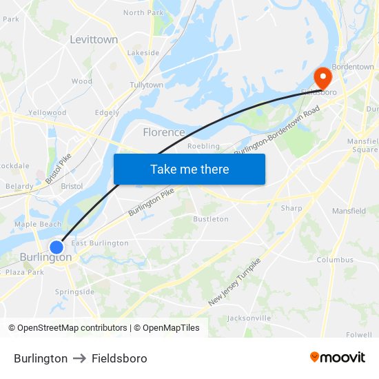 Burlington to Fieldsboro map