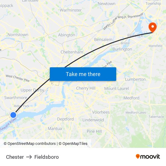Chester to Fieldsboro map