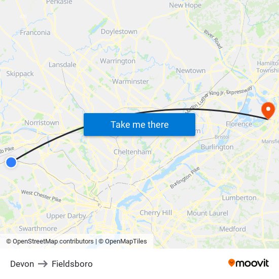 Devon to Fieldsboro map