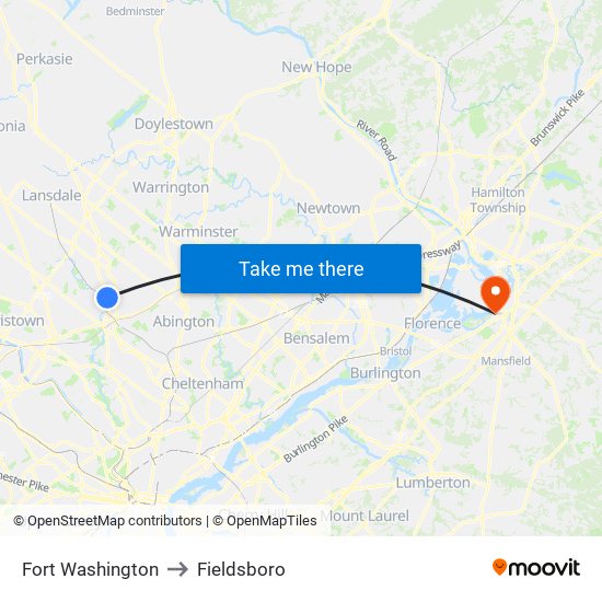 Fort Washington to Fieldsboro map