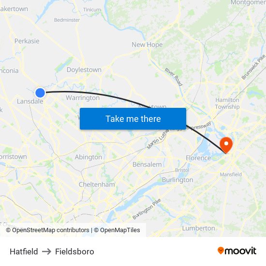 Hatfield to Fieldsboro map
