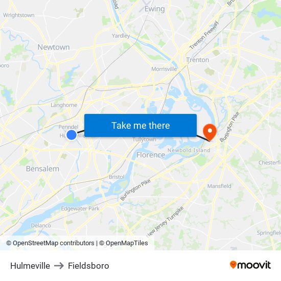 Hulmeville to Fieldsboro map