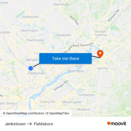 Jenkintown to Fieldsboro map