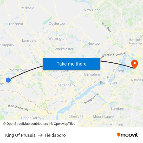 King Of Prussia to Fieldsboro map
