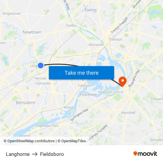 Langhorne to Fieldsboro map