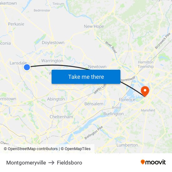 Montgomeryville to Fieldsboro map