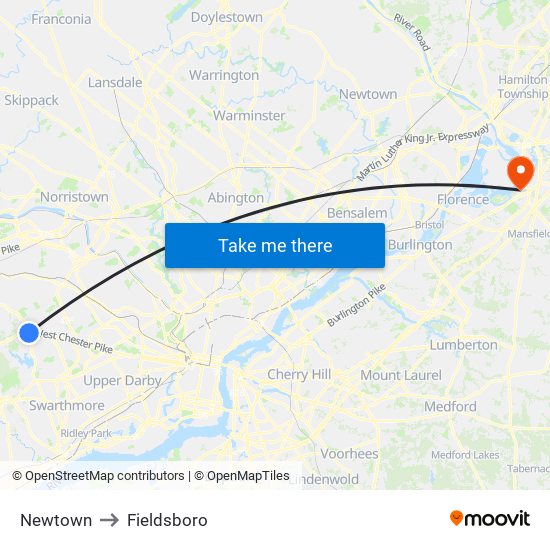 Newtown to Fieldsboro map