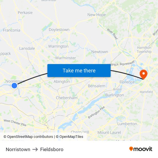 Norristown to Fieldsboro map